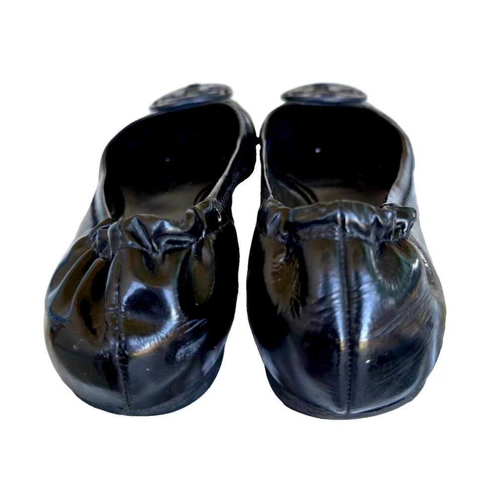 Tory Burch Reva Black Patent Leather  w/ Logo Travel Ballet Flats Shoes 7.5